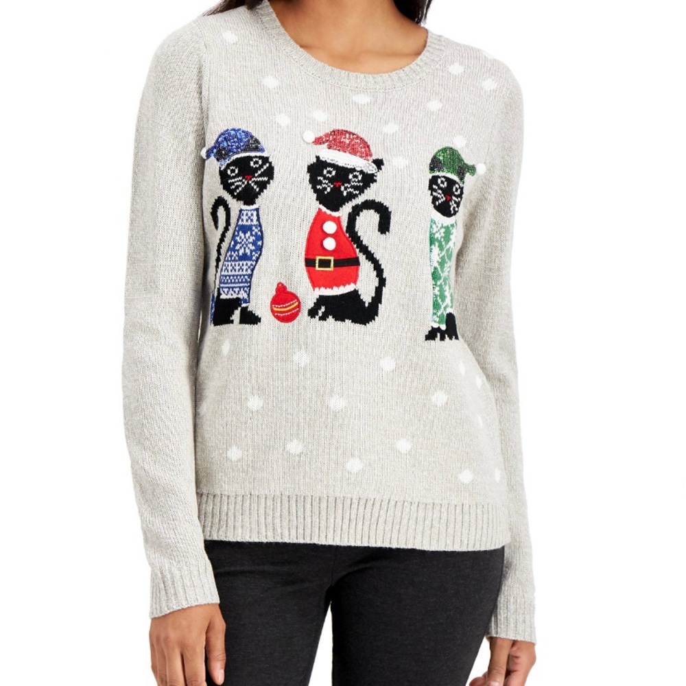 Karen Scott Petite Christmas Cats Pullover Sweater NWT